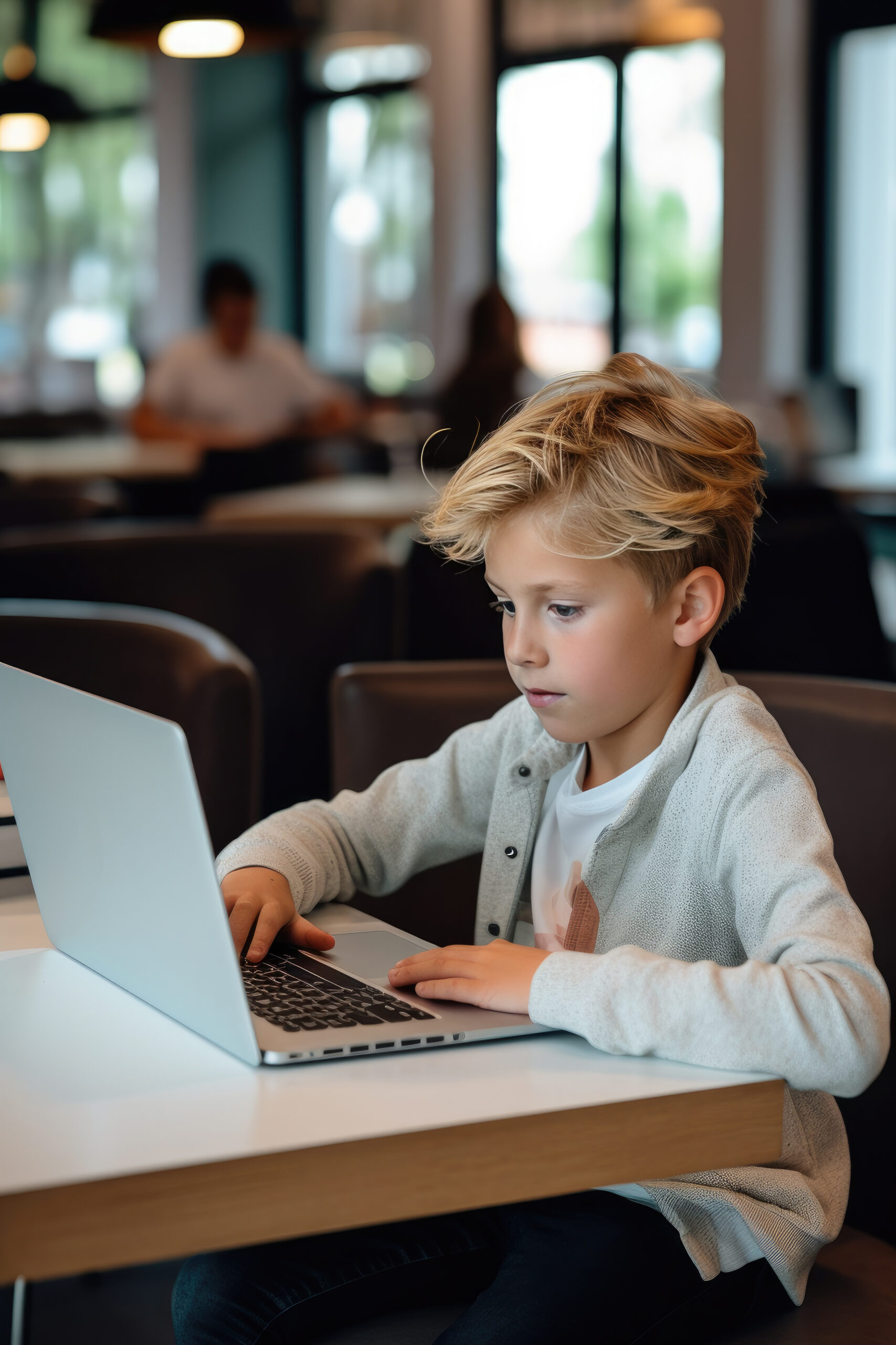 Boy studying with a laptop and notebook.